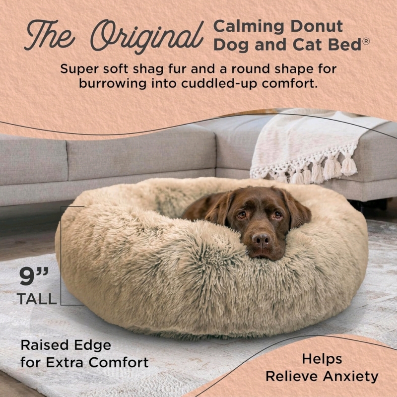 New Best Friends by Sheri : The Original Large Calming Donut Cat + Dog Bed in Shag Fur (Taupe) - 36" &times; 36"