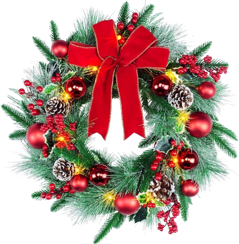 New in Box YULETIME 20" Pre-Lit Battery Operated Christmas Wreath - 10 Fairy Lights, Red Bow, Pine Cones, Red Berries, Green Holly Leaves, Spruce Branches & Pine Needles | Retails Over $60!