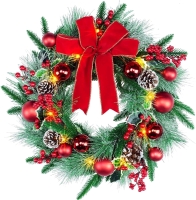New in Box YULETIME 20" Pre-Lit Battery Operated Christmas Wreath - 10 Fairy Lights, Red Bow, Pine Cones, Red Berries, Green Holly Leaves, Spruce Branches & Pine Needles | Retails Over $60!