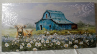 New | 40" x 20" Highland Cow and Lovely Blue Barn Art Print on canvas