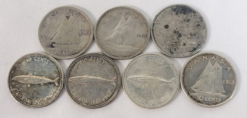 1943 - 1968 Canadian Silver 10 Cent Dimes . 1943 , 1953 , 1966 , 1977 &times;3 & 1968 . Seven (7) Dimez