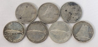 1943 - 1968 Canadian Silver 10 Cent Dimes . 1943 , 1953 , 1966 , 1977 &times;3 & 1968 . Seven (7) Dimez