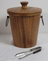 Vintage MCM Teak Ice Bucket with Tongs . Measures 9.5" tall .