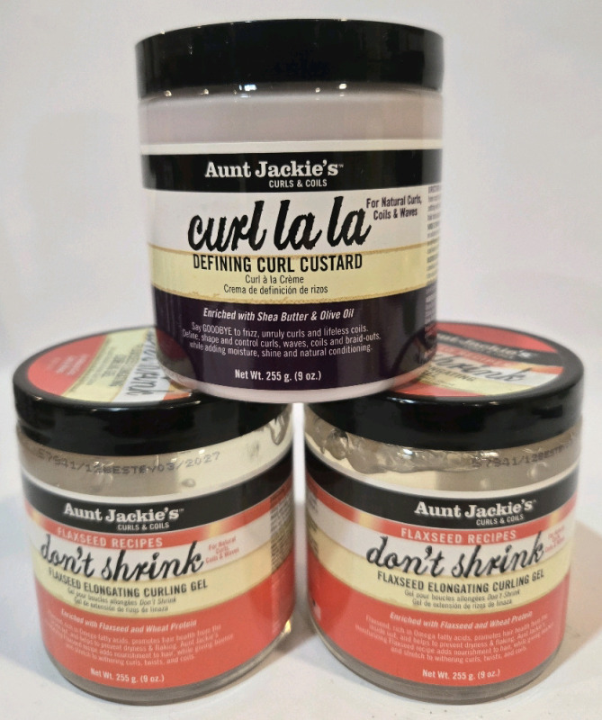 3 New | 255g Aunt Jackie's Don't Shrink Flaxseed Elongating Curling Gel & Defining Curl Custard