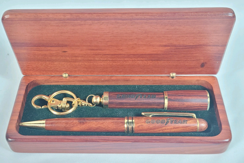 Beautiful Wooden Goodyear Pen & Mini Flashlight Set in Wooden Box