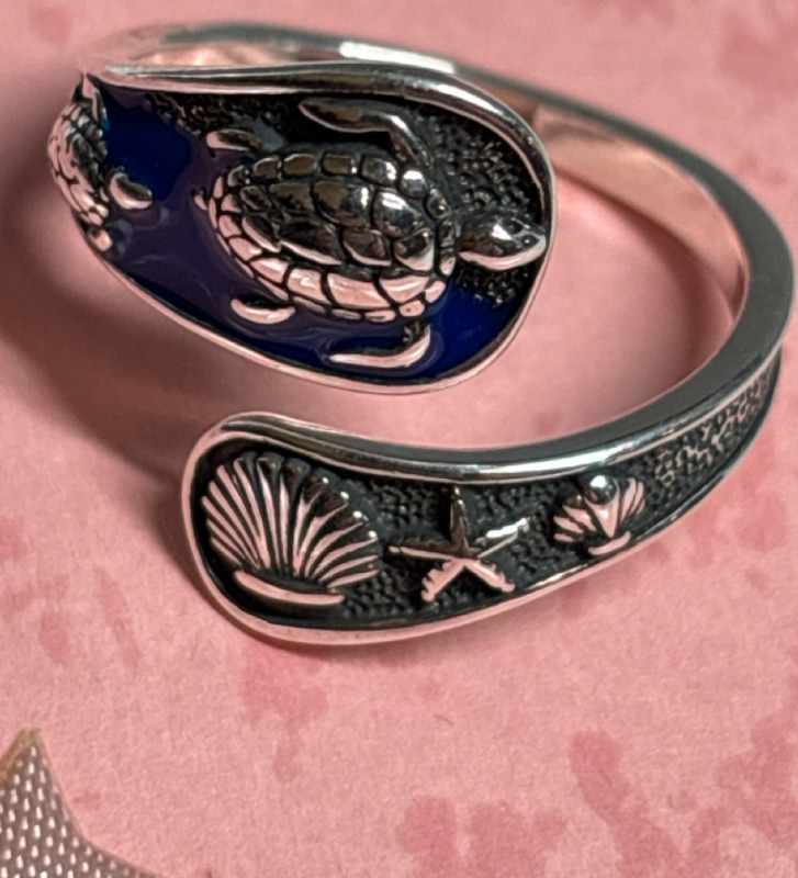 925 Sterling Silver Ocean Turtle Ring Bypass Open Ring Adjustable Blue Enamel