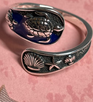 925 Sterling Silver Ocean Turtle Ring Bypass Open Ring Adjustable Blue Enamel