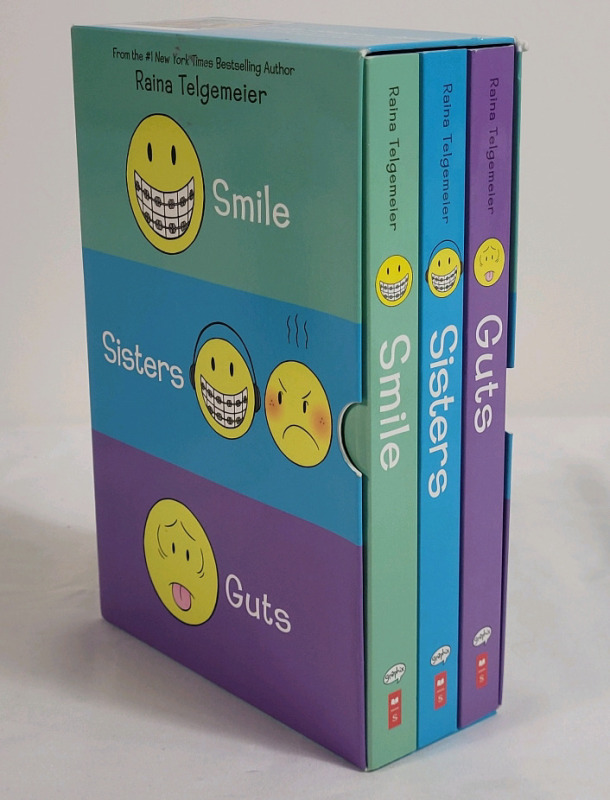 Raina Telgemeier 3-Book Illustrated Book Box Set - SMILE , SISTERS & GUTS .