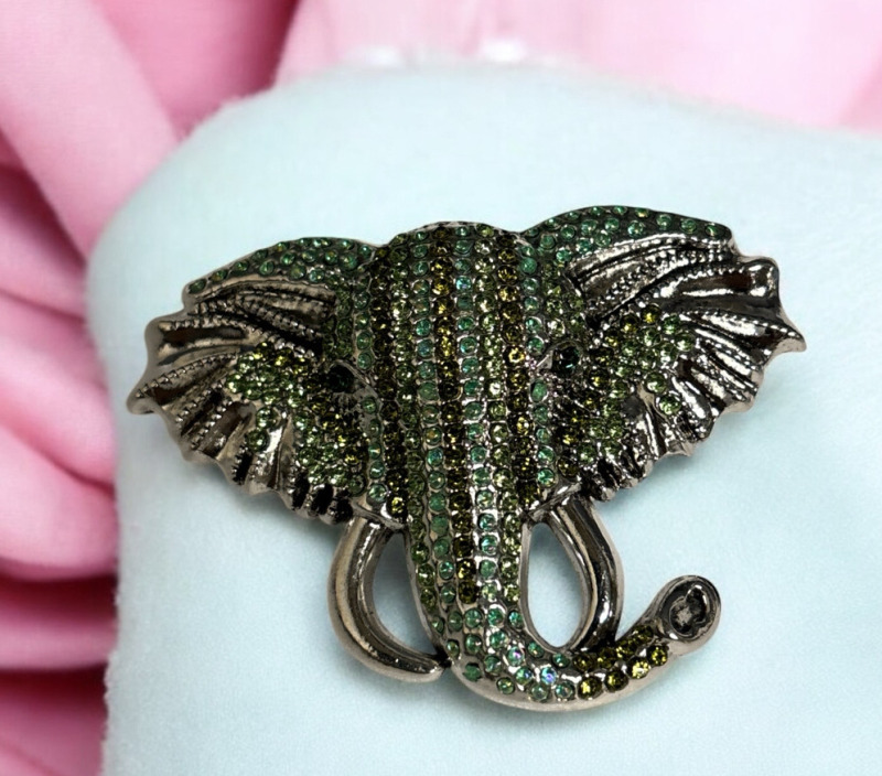 Green Rhinestone Elephant Brooch Statement with Intricate Design Detailing Approximately 1.8 x 2.5 Inch Glows Under UV