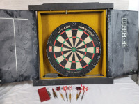 Dartboard with Wall Case plus Darts . Case measures 25"&times;25" . Regulation Size Dartboard