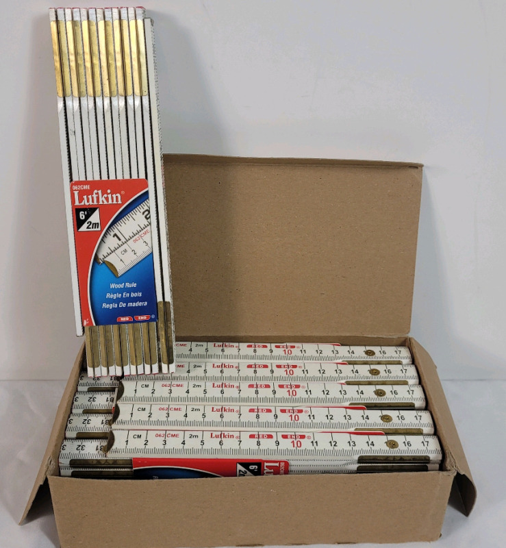 6 New Fufkin Red End Folding Wood Rulers w/Brass Tips , Inches & Centimeters . 6ft / 200cm