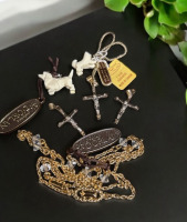 DOrlan signed Necklace / Carved Dog Charms / 3 RJL Gold Filled Crucifixes