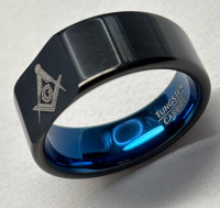 BONLAVIE Black Blue Masonic Tungsten Carbide Square Ring Featuring The Freemason Symbol High Polished Size 10 Stamped