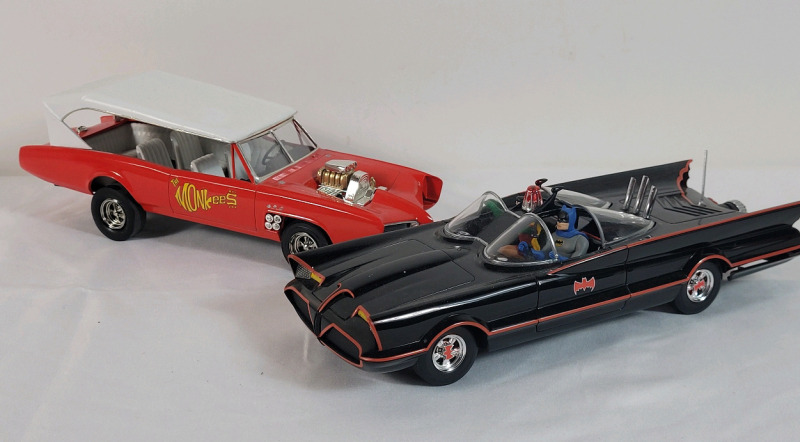 The Batmobile w/Batman and Robin & The Monkees Monkeemobile TV Show Plastic Models . All Tyres Rotate . See Photos for measurements