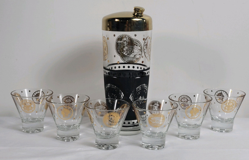 Vintage MCM 8pc. E-Z Serve Cocktail Set - Cocktail Shaker & 6 Low Ball Glasses w/Gold Liberty Head $20 Coin Detail . Includes Original Box .