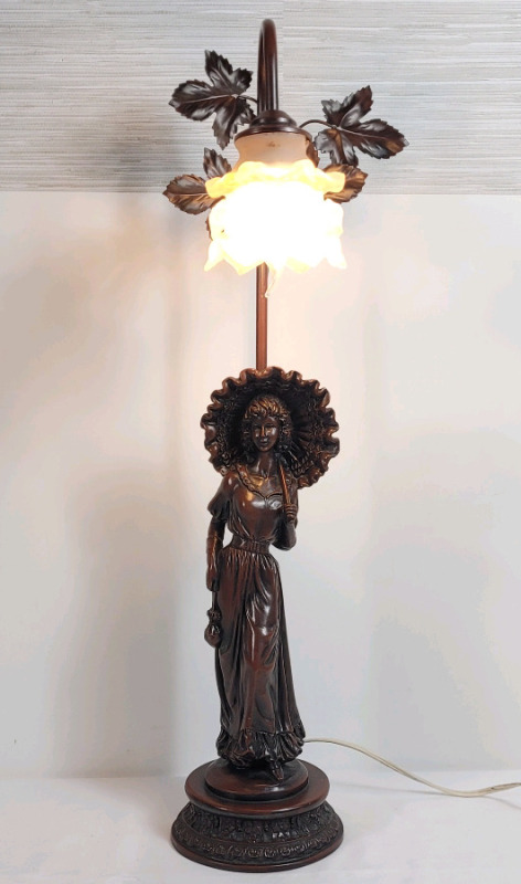 Vintage Resin "Moreau style" Lady w/Parasol Table Lamp . Measures 25.5" Tall . Tested Working , Bulb Included