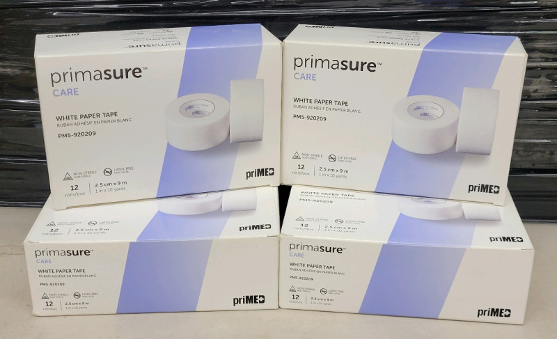 4 Boxes New PrimaSure White Paper Tape , Medical Adhesive Tape . 12 Rolls Per Box , 2.5cm&times;9m Rolls - 48 Rolls Total