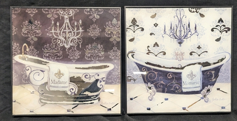 2 His and Hers Bath Framed Pictures - Monsieur/Madame - Mirror Effect