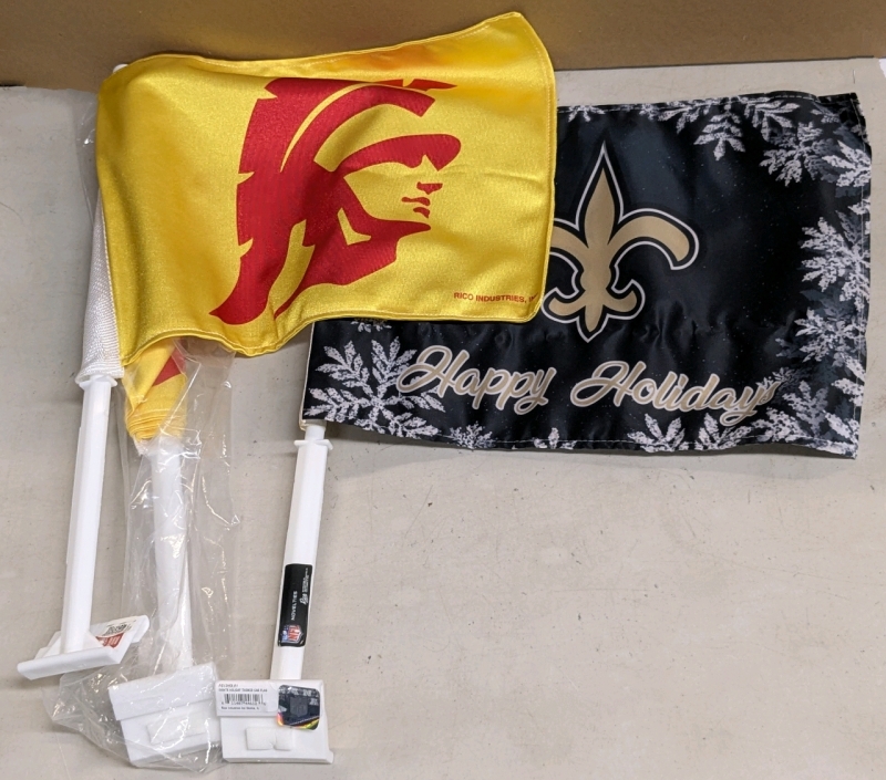 3 New Licensed Car Flags : 2x SC Trojans Collegiate & NFL Saints Holiday Flag - Poles 19.5", Flags 10.75" x 14.25"