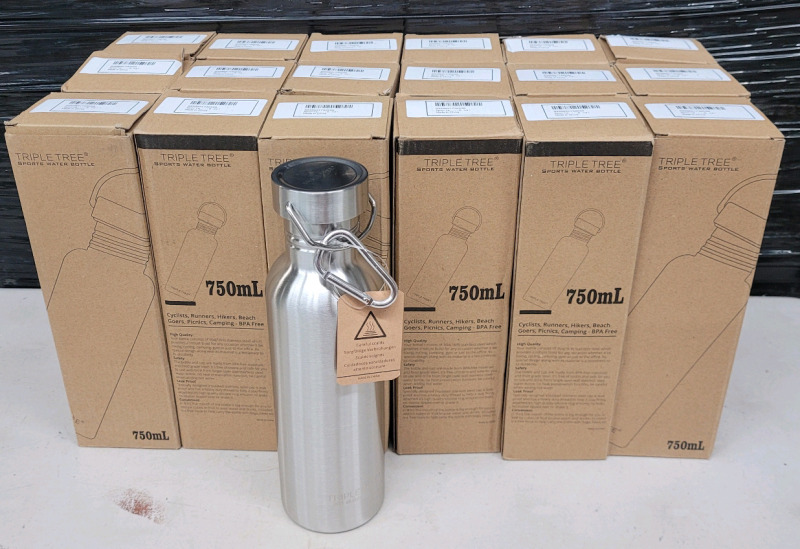 18 New Triple Tree Stainless Steel Sports Water Bottle . 750ml / 25.5 Fluid Oz. . Retail $360