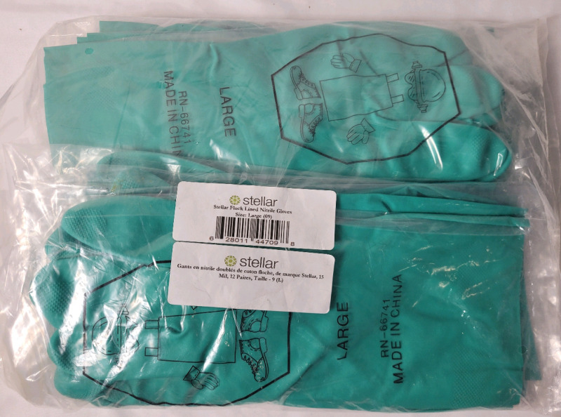 12-Pairs New Large Stellar Flock Lined Nitrile Gloves (09) . Gloves measure 12" Long , Each Pair Individually Sealed . Retail $210+