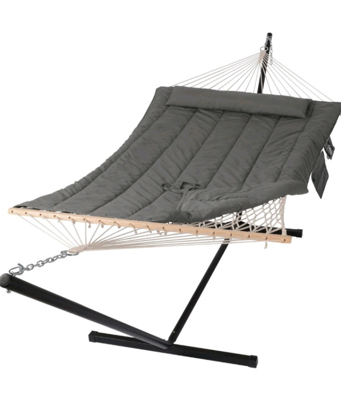 New - SUNCREAT Double Outdoor Hammock with Stand, Two Person Cotton Rope Hammock with Polyester Pad, Dark Gray . See photos for measurements . Retail $130