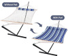 New - SUNCREAT Double Outdoor Hammock with Stand, Two Person Cotton Rope Hammock with Polyester Pad, Blue Stripe . See photos for measurements . Retail $120 - 2