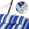 New - SUNCREAT Double Outdoor Hammock with Stand, Two Person Cotton Rope Hammock with Polyester Pad, Blue Stripe . See photos for measurements . Retail $120 - 3
