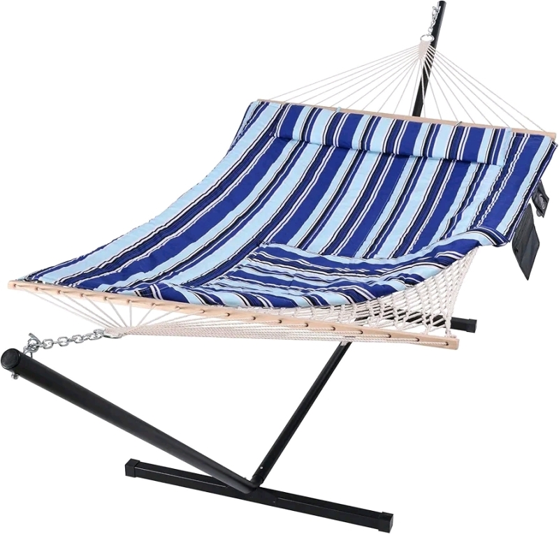 New - SUNCREAT Double Outdoor Hammock with Stand, Two Person Cotton Rope Hammock with Polyester Pad, Blue Stripe . See photos for measurements . Retail $120