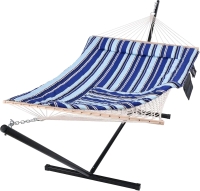 New - SUNCREAT Double Outdoor Hammock with Stand, Two Person Cotton Rope Hammock with Polyester Pad, Blue Stripe . See photos for measurements . Retail $120