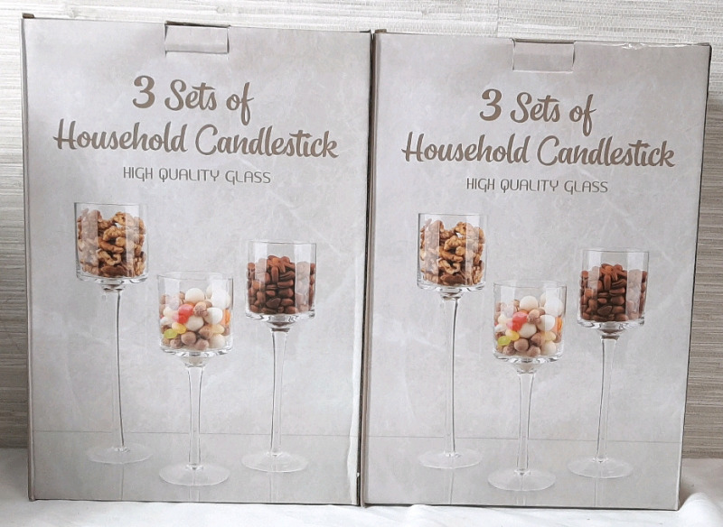 2 New in Box 3pc Sets of Household Glass Candlestick Goblets (8", 9", & 10" Tall)