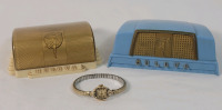 Vintage 1956 Ladies Bulova Wrist Watch w/1930s Bulova Art Deco Watch Box ( watch working - wind-up) & Vintage 1950s Men's Baby Blue Watch Box
