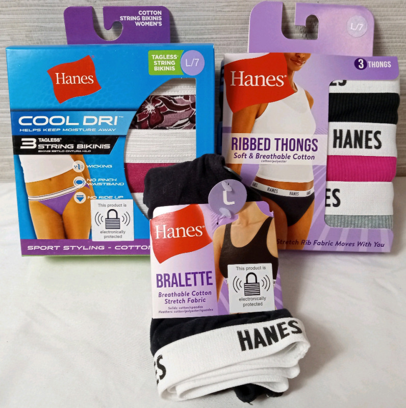 7 New Large Women's Hanes Undergarments. 1 Bralette and 6 Thongs.