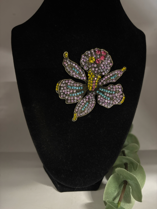 Luxurious Orchid Rhinestone Brooch Purple and Multicolor Intricate Petal Detailing Approximately 3 x 3 Inch