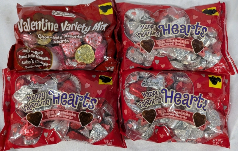4 New Palmer Chocolates. 3 New Valentine Hearts (397g) and 1 Valentine Variety Mix (340g). No BB Date Listed.