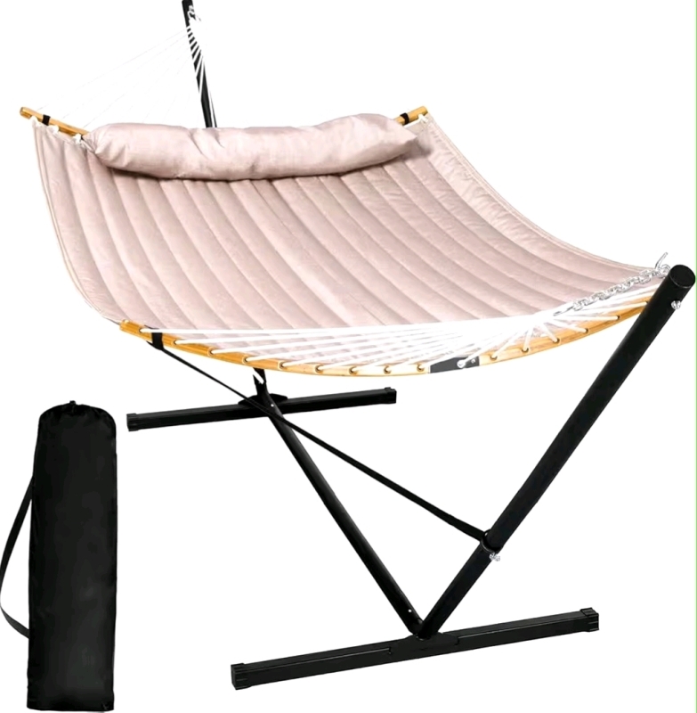 New - SUNCREAT 55" Large Double Hammock w/Stand, 450lbs Cap. , Outdoor Portable Hammock w/Curved Spreader Bar, Large Pillow, Tan . Retail $220