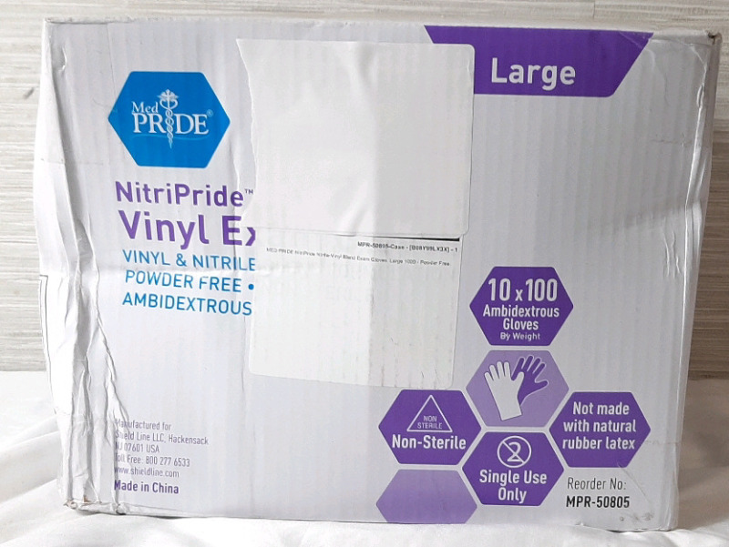 New in Box Med Pride NitriPride Large Sized Powder Free Vinyl/Nitrile Ambidextrous Examination Gloves, 1000pcs in Total