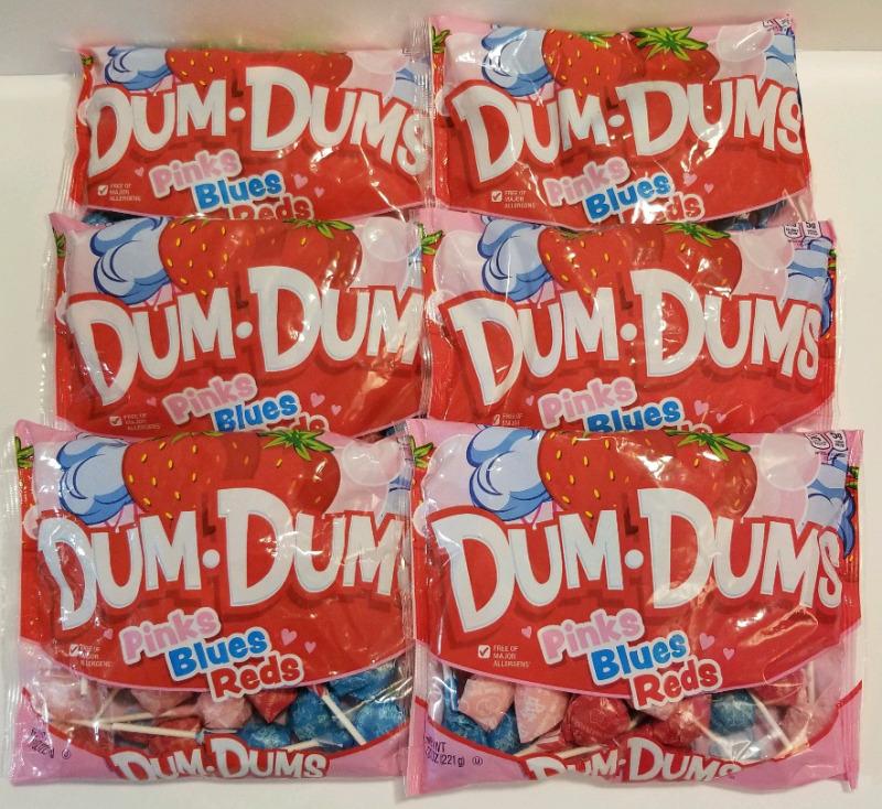 6 new (7.8 oz) bags of DUM-DUMS pinks blues & reds suckers bb 10/02/2027