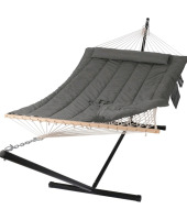 New - SUNCREAT Double Outdoor Hammock with Stand, Two Person Cotton Rope Hammock with Polyester Pad, Dark Gray . See photos for measurements . Retail $130