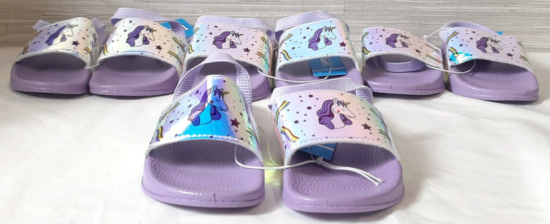 4 New Pairs of Purple Unicorn Themed Toddlers Sandals, Sizes 7/8 & 9/10