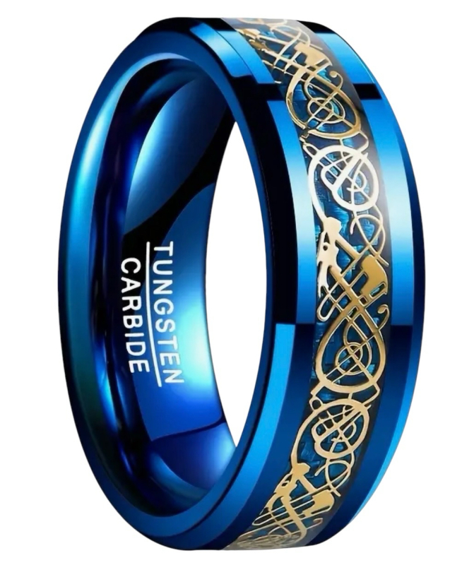 Tungsten Carbide Ring 8mm Wide with Blue and Golden Dragon Pattern Inlay - Sizes 8