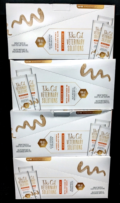 4 New Boxes TIKI CAT Vet Solutions Mousse Stix : Chicken in Creamy Gravy - 8 Pouches of 20 8g Servings per Box | BB 07/31/2025 | $224 Retail Value!