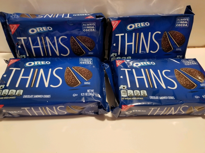 4 packs of Oreo Thins cookies 261 grams per pack bb August 2025