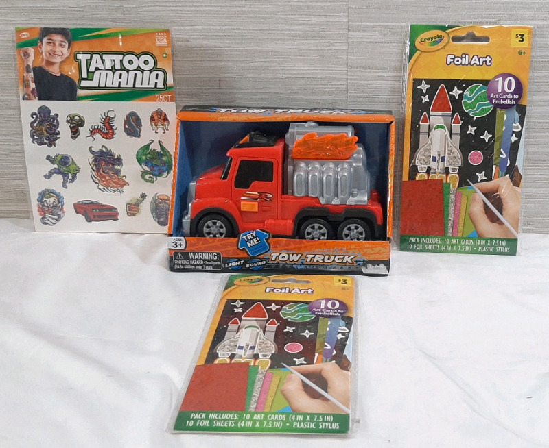 Lot of Kids Toys and Art Activities, Including A Miniature Toy Tow Truck (7" Long, 4" Tall), 2 Crayola Foil Art Packs & Tattoo Mania Sticker Sheet