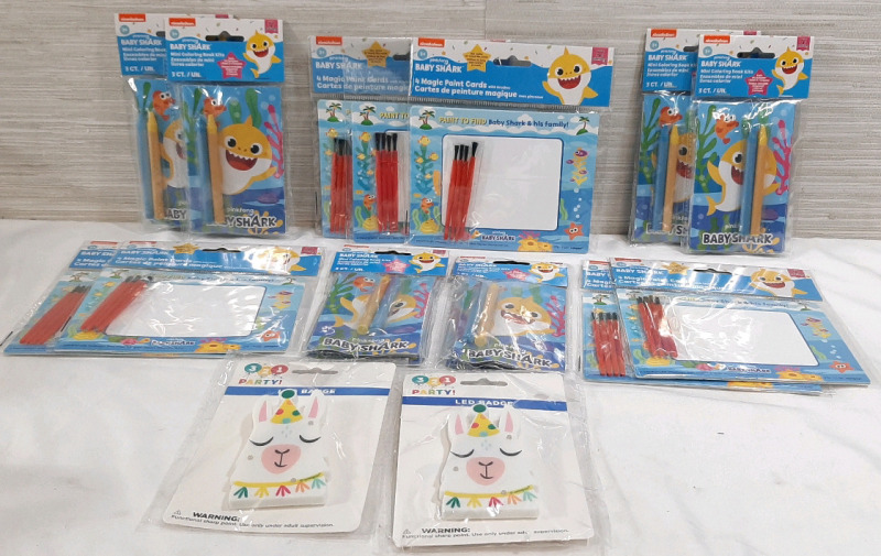 Lot of Baby Shark Activity Packs & Birthday Supplies, Including 7 Packs of 4 Magic Paint Cards, 6 Packs of Mini Coloring Book Kits & 2 Llamma LED Badges