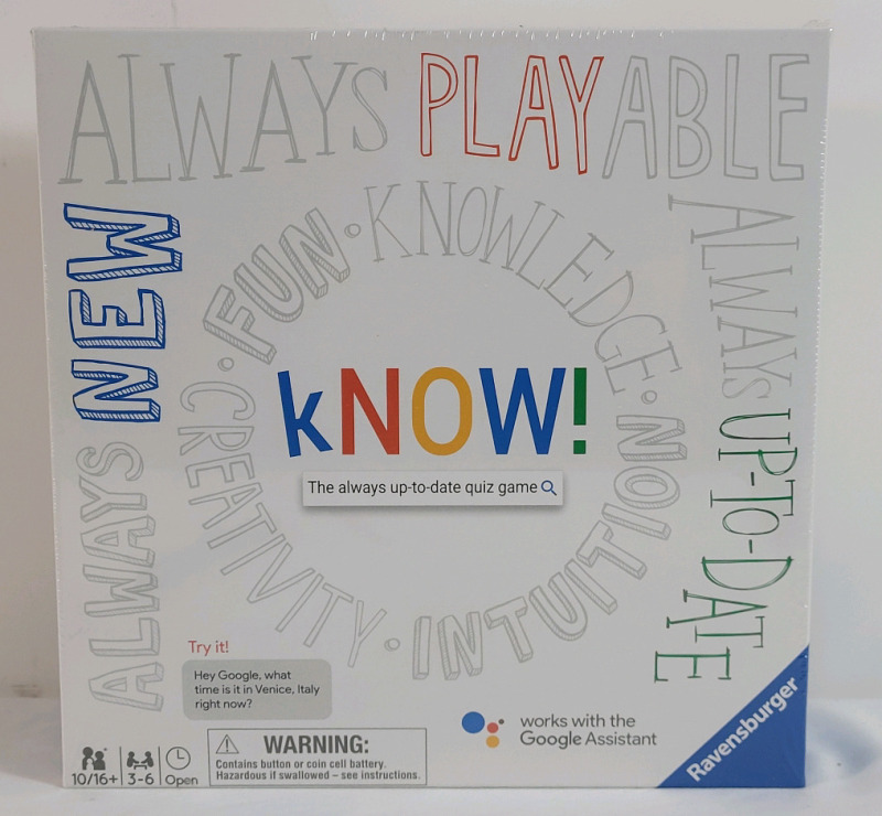 New - KNOW! Trivia Board Game by Ravensburger . the "always up-to-date quiz game". It is designed for 3-6 players, ages 10 and up, and integrates with Google Assistant for real-time information