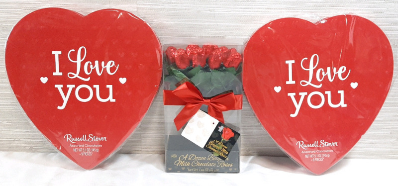 Lot of New Chocolate Boxes, Including Two Boxes of Russell Stover Assorted Chocolates (145g, No Best Before) & A Dozen Belgian Milk Chocolate Roses (48g, Best By November 2026)