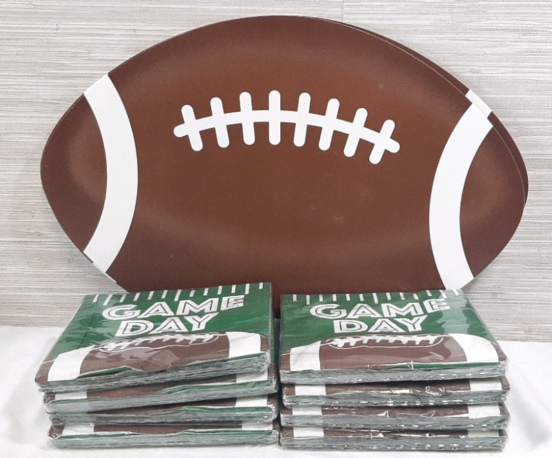 Lot of Football Themed Items, Including 10 Plastic Football Shaped Mats (17" Long, 11" Wide) & 8 Packs of "Game Day" Napkins (16 in Each Pack, 128pcs in Total)