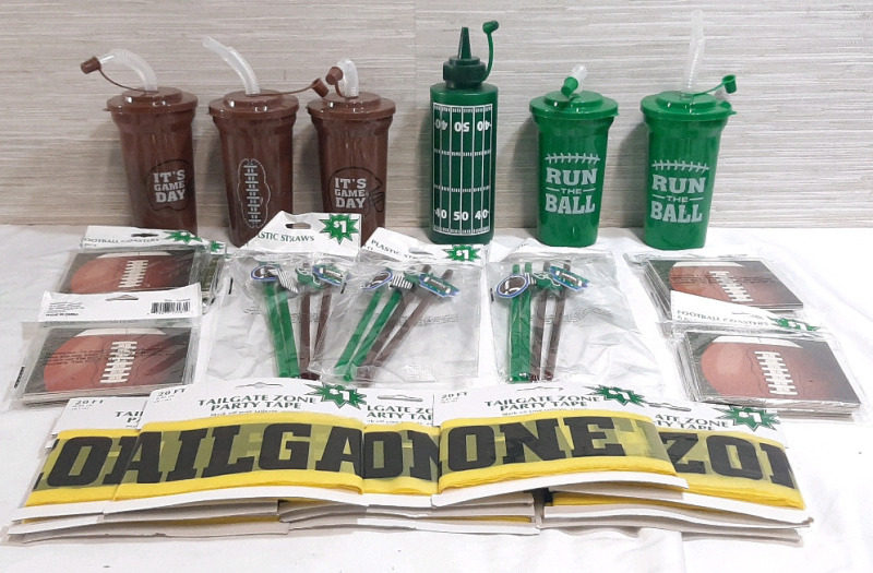 Lot of Game Day Items, Including 5 Sip Cups, 1 Condiment Dispenser, 9 6-Packs of Coasters, 3 4 Packs of Plastic Straws & 11 Tailgate Zone Party Tape