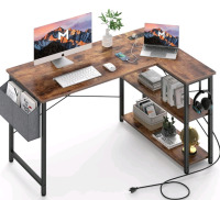 As New In Box | Mr IRONSTONE L Shaped Computer Desk with Power Outlet, 47 Inch Corner Office Desk for Small Spaces with Storage Shelves, Study Work Writing Table for Home Office Bedroom (Rustic Brown)<br/>
